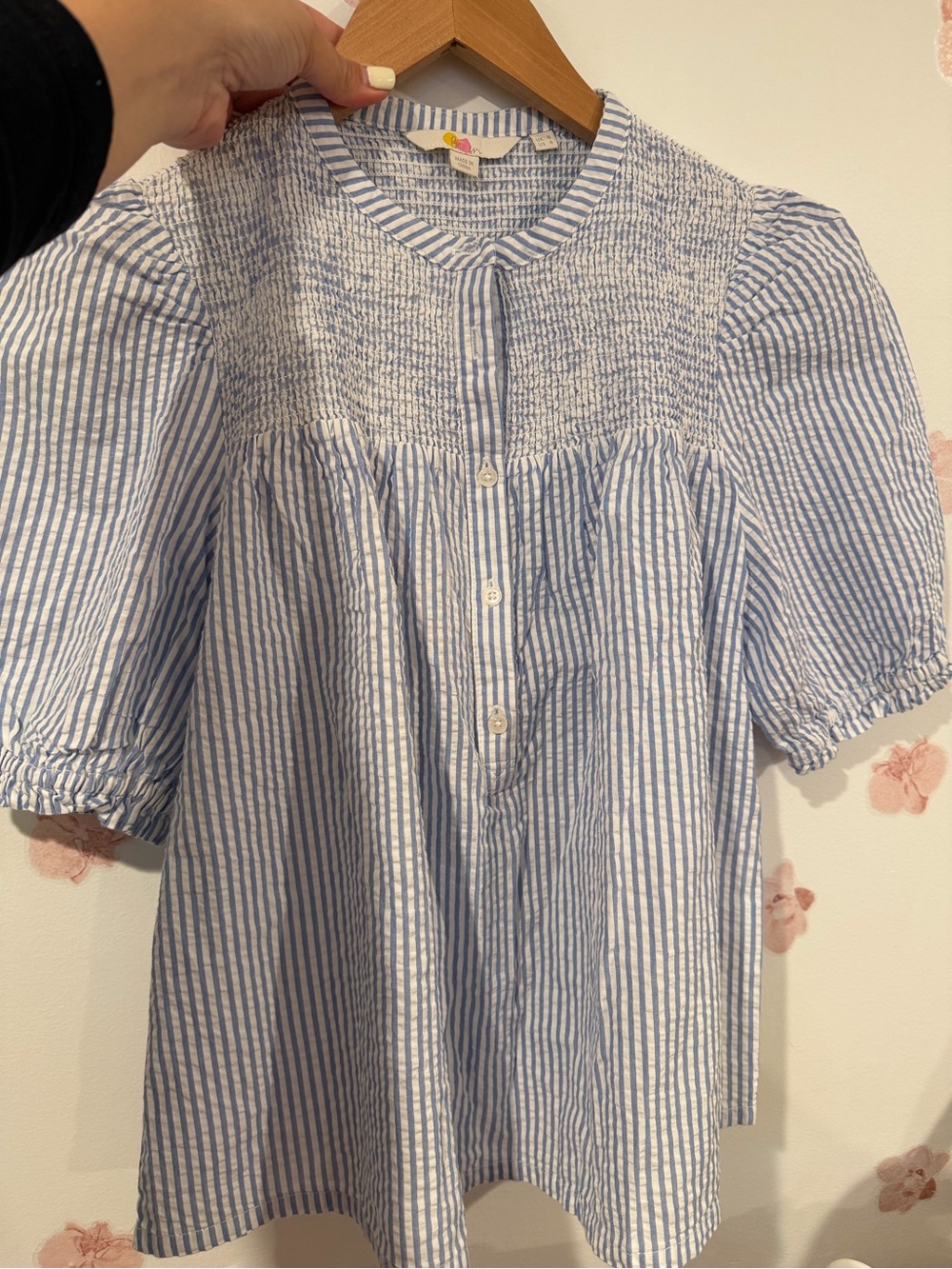 Boden Blue and White Striped Smocked Yoke Short Sleeve Top